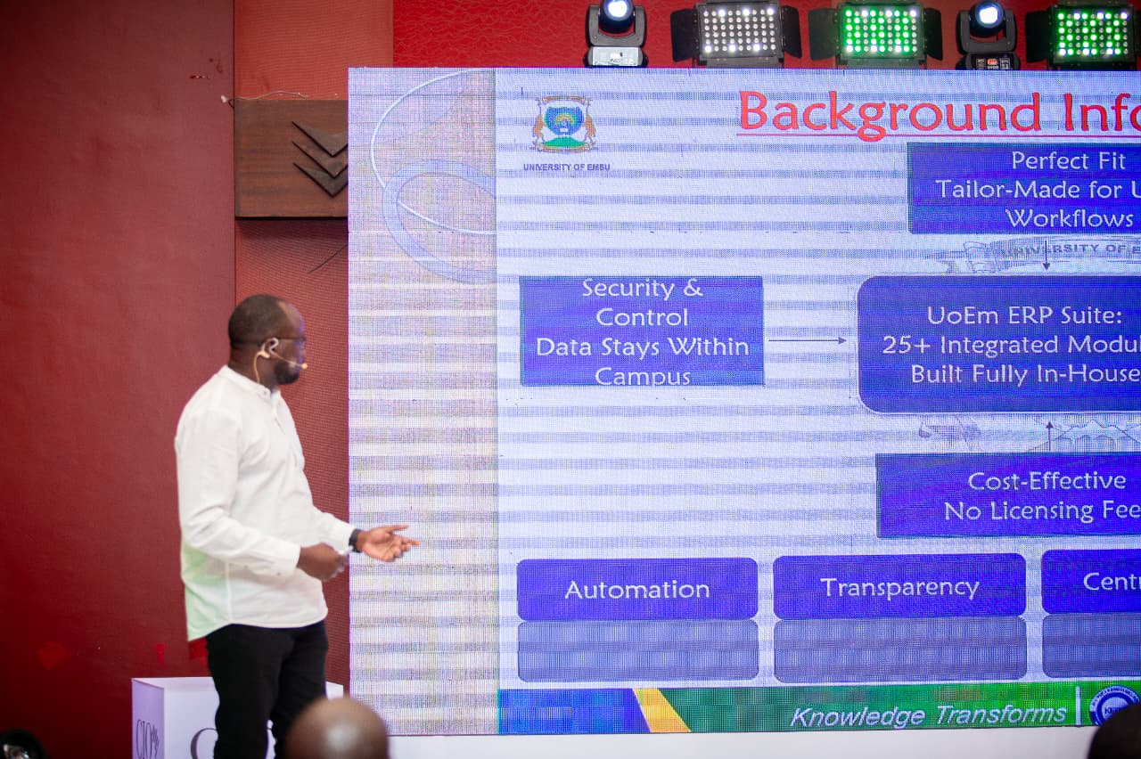 Mr. Maurice Murimi Presenting the UoEm ERP System During the 2025 CIO100 Symposium & Awards
